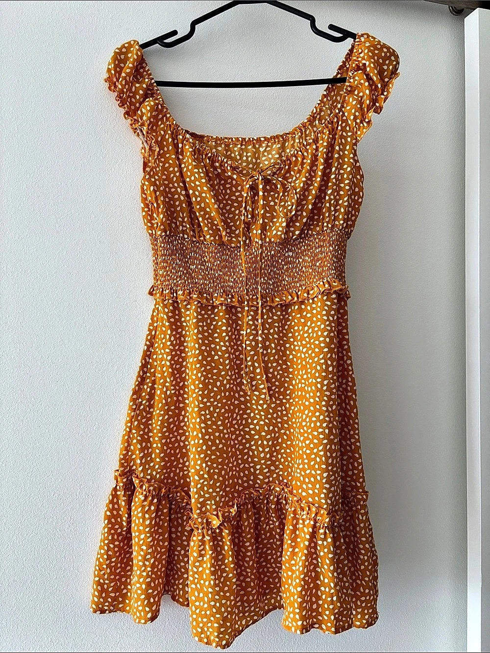 Printed Smocked Mini Dress in Orange & White Like New